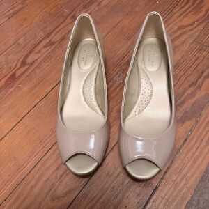 Women’s Nude Patent Peep-Toe Wedges